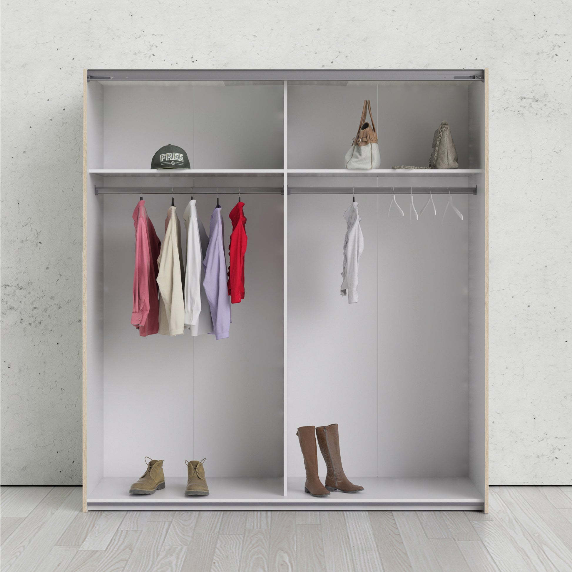 Verona Sliding Wardrobe 180cm Oak with White Doors 2or5 Shelves - FURNITURE CURLS