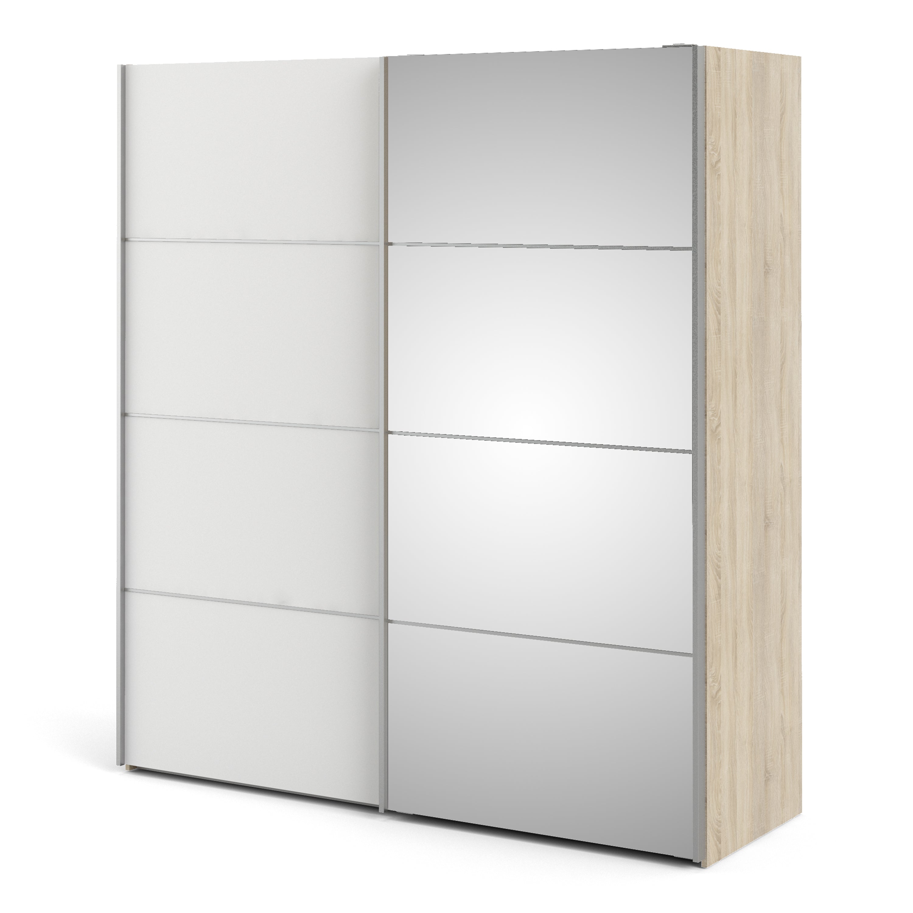 Verona Sliding Wardrobe 180cm Oak with (White +Mirror) Doors 2or5 Shelves - FURNITURE CURLS