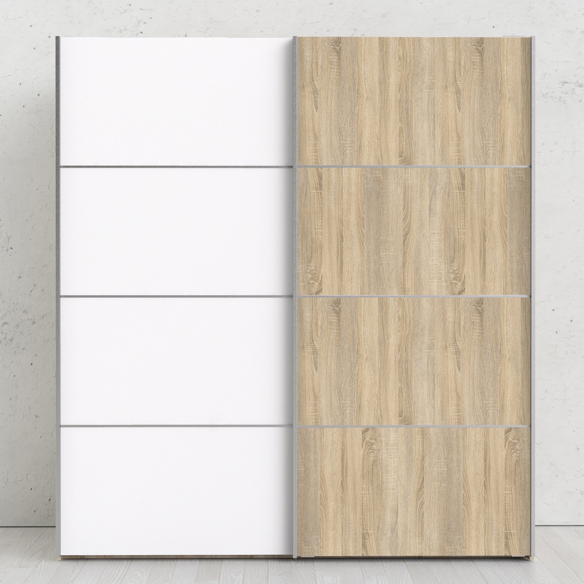 Verona Sliding Wardrobe 180cm Oak with (White +Oak) Doors 2or5 Shelves - FURNITURE CURLS