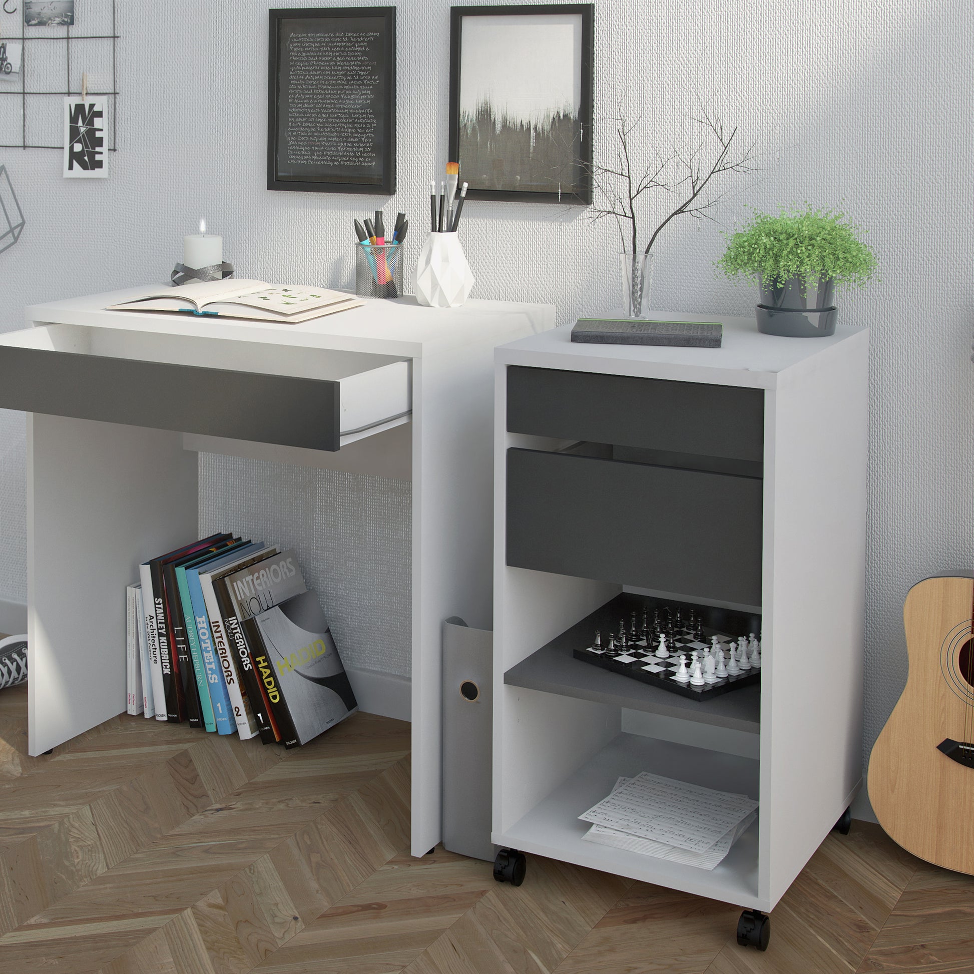 Function Plus Desk White Grey Or Mobile File Cabinet 2 Drawers +1 Shelf - FURNITURE CURLS