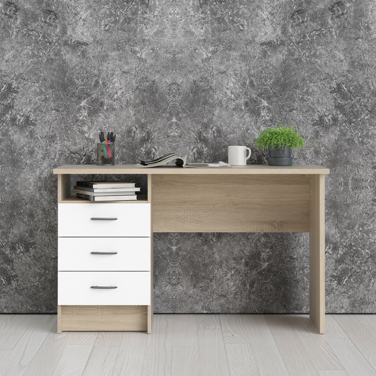 Function Plus Desk 3 Drawers - White Or  Oak+white Or Oak - FURNITURE CURLS