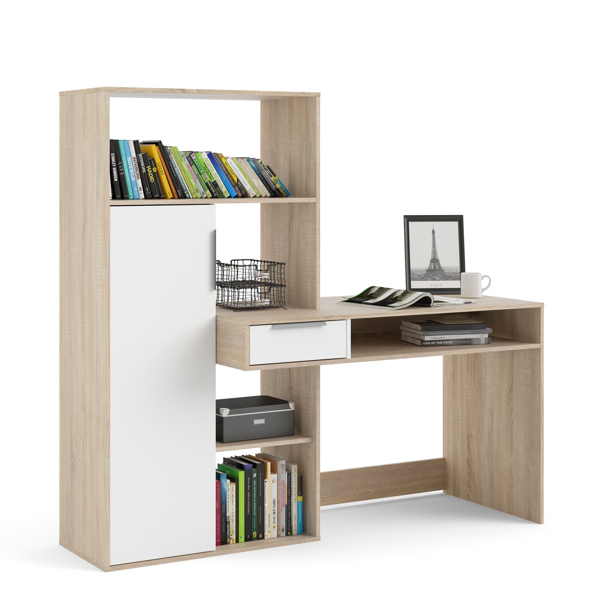 Function Plus Desk Multi-functional Desk With Drawer And 1 Door In White And Oak - FURNITURE CURLS