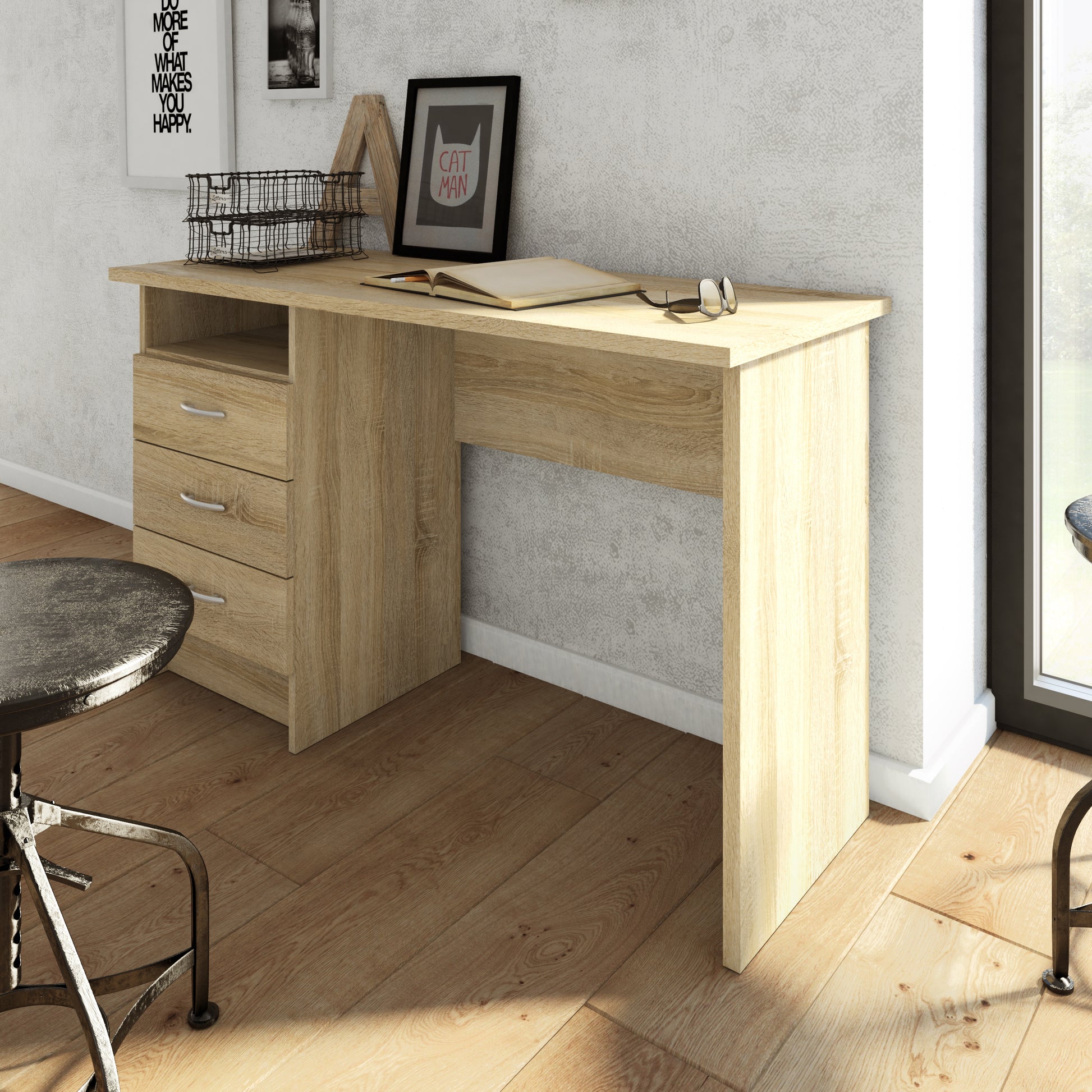 Function Plus Desk 3 Drawers - White Or  Oak+white Or Oak - FURNITURE CURLS