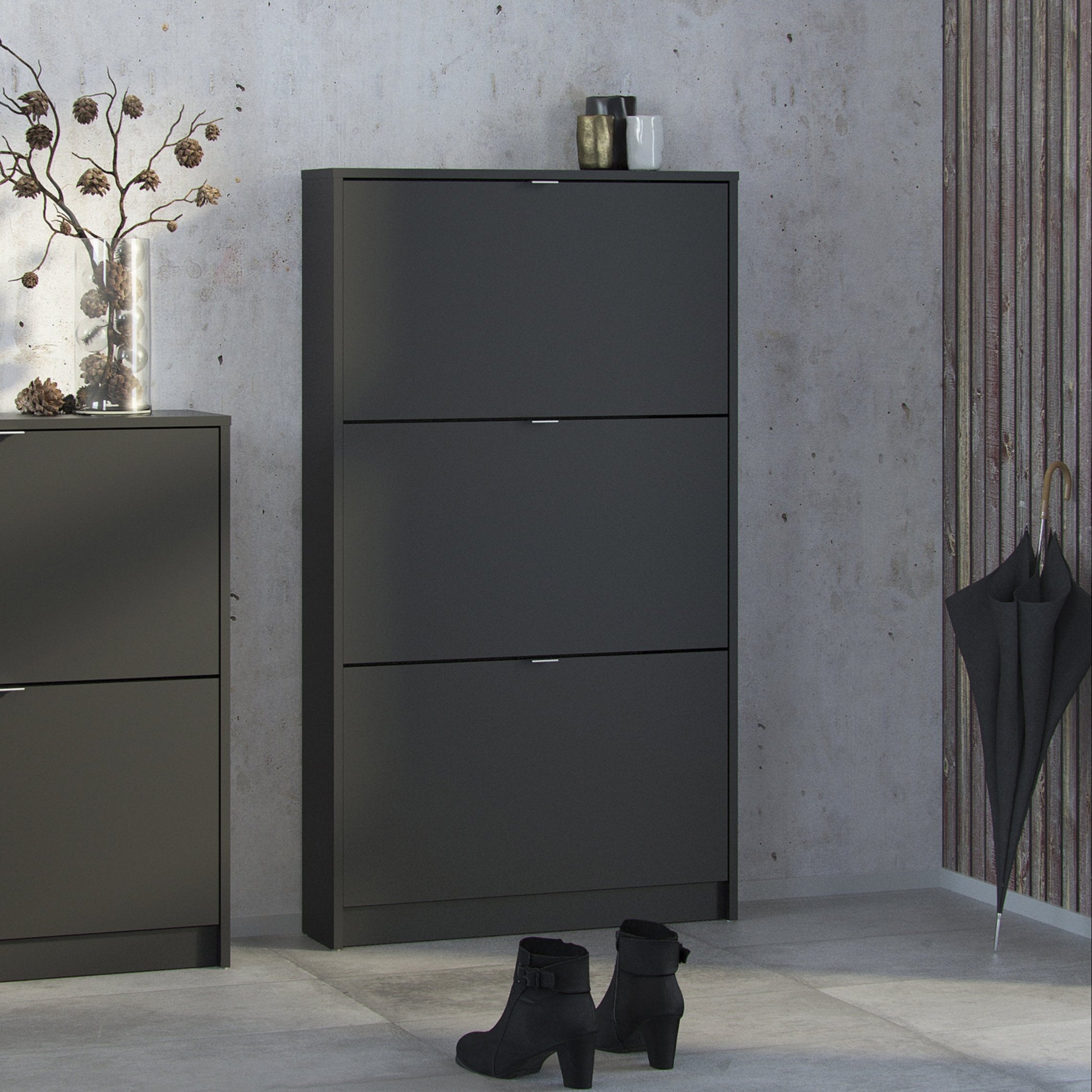 Shoes Matt Black Cabinet 3 Tilting Doors (1or2 Layers) - FURNITURE CURLS