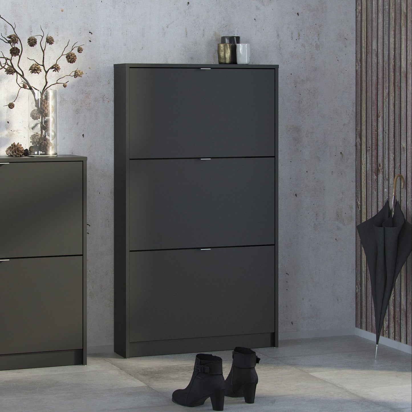 Shoes Matt Black Cabinet 3 Tilting Doors (1or2 Layers) - FURNITURE CURLS