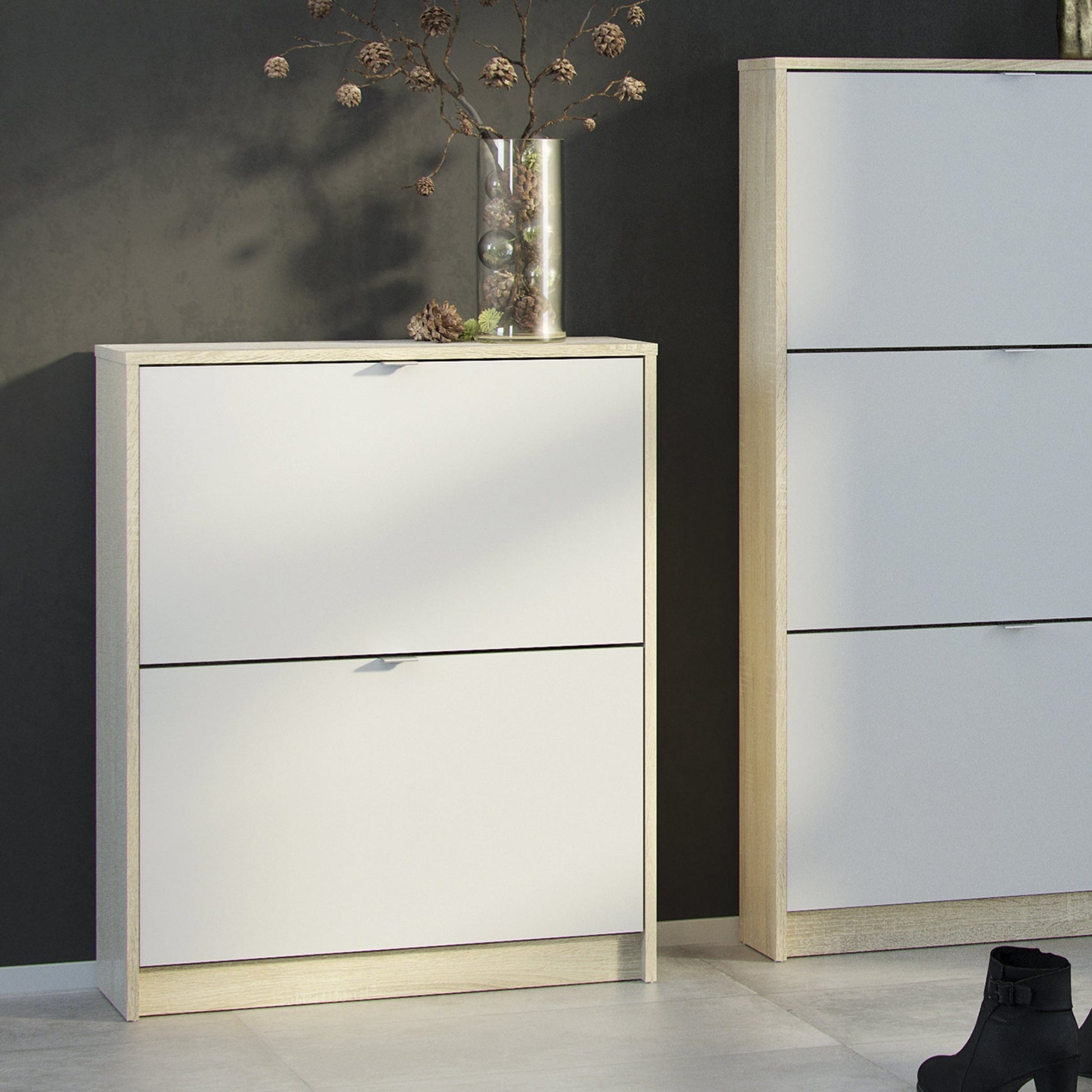 Shoes Oak Cabinet - White 2 Tilting Doors  (1or2 layers) - FURNITURE CURLS