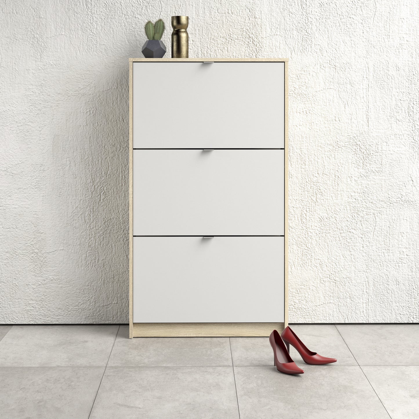 Shoes Oak Cabinet - White 3 Tilting Doors (1or2 Layers) - FURNITURE CURLS