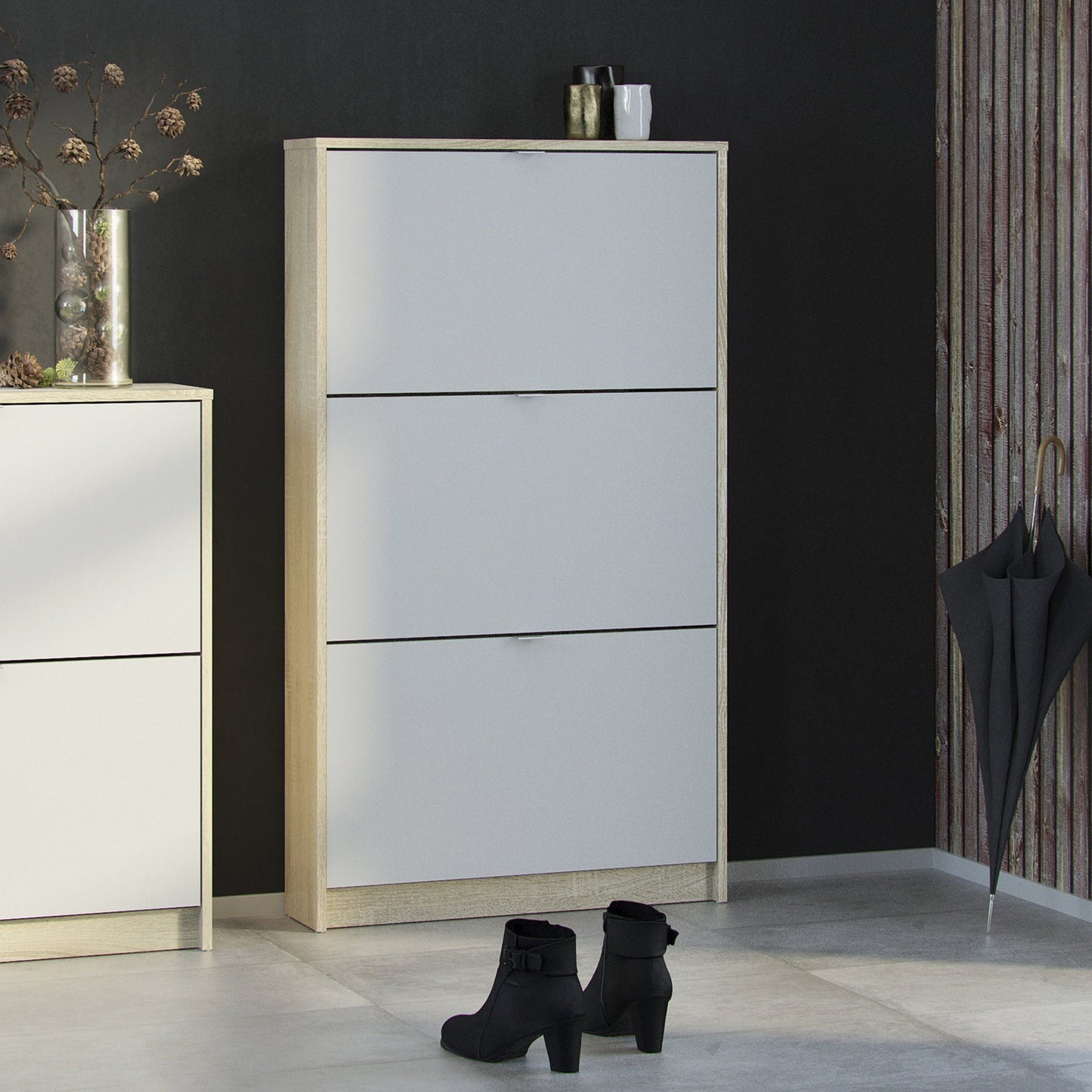 Shoes Oak Cabinet - White 3 Tilting Doors (1or2 Layers) - FURNITURE CURLS