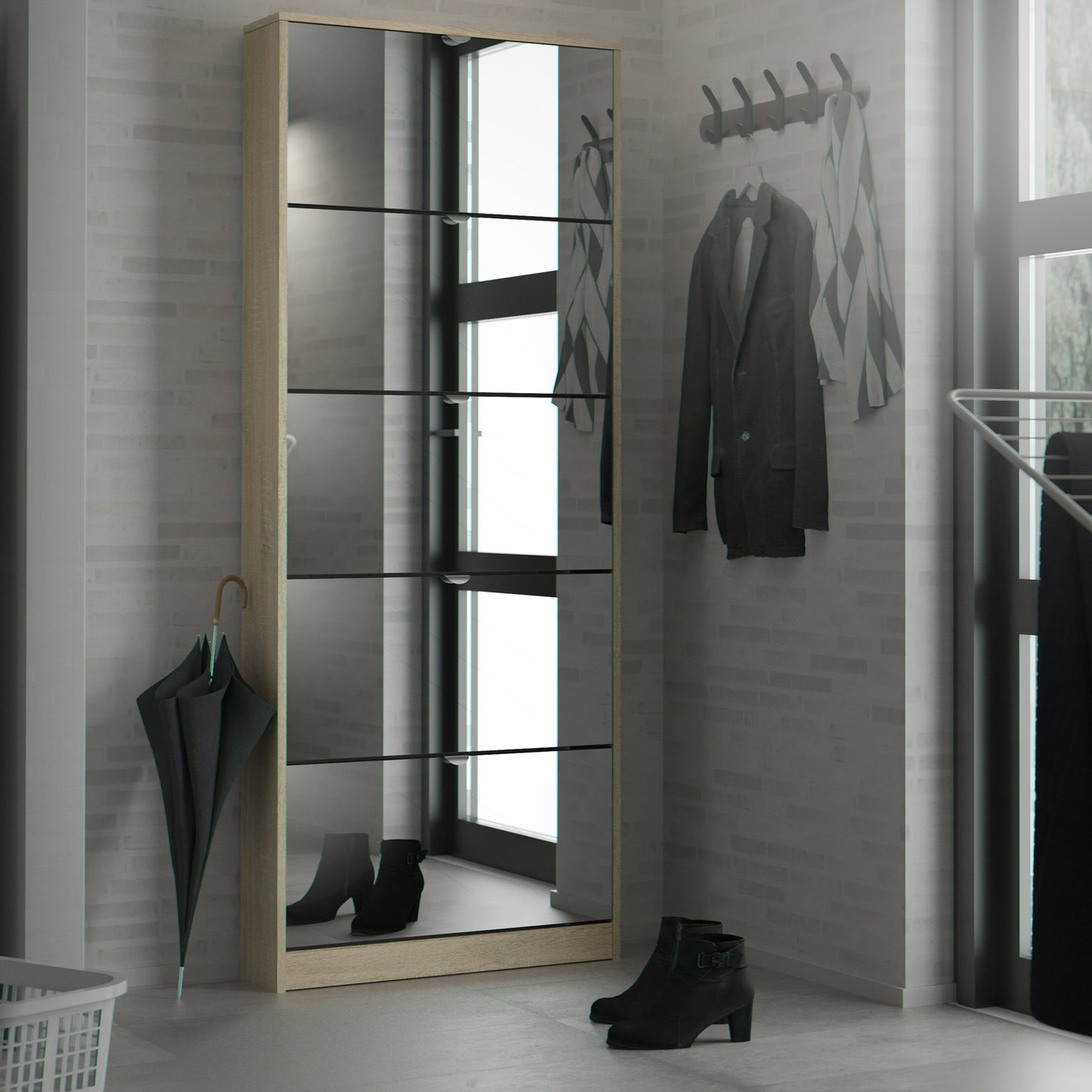 Shoes Cabinet 5 Mirror Tilting Doors In Oak Or Black - FURNITURE CURLS