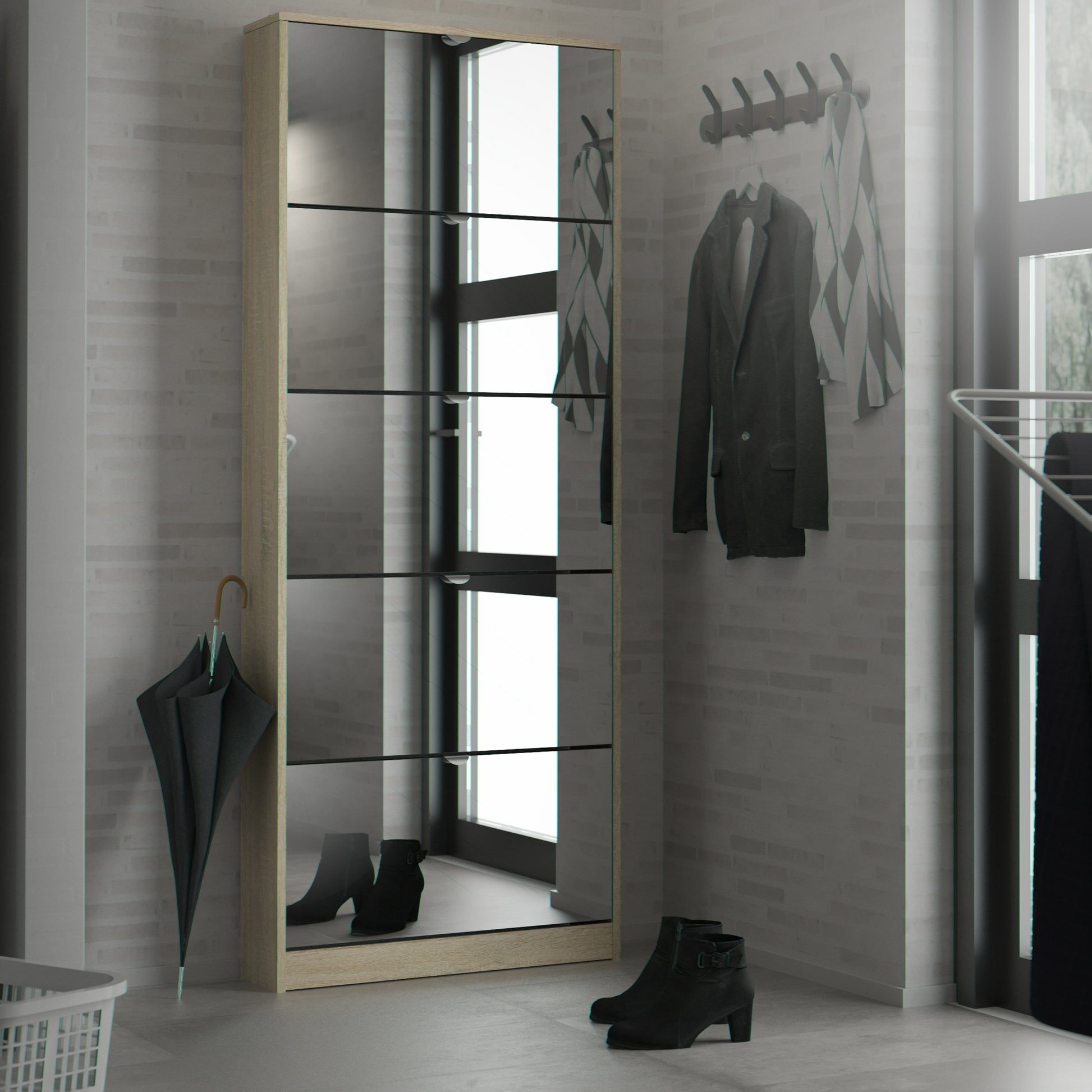Shoes Cabinet 5 Mirror Tilting Doors In Oak Or Black - FURNITURE CURLS