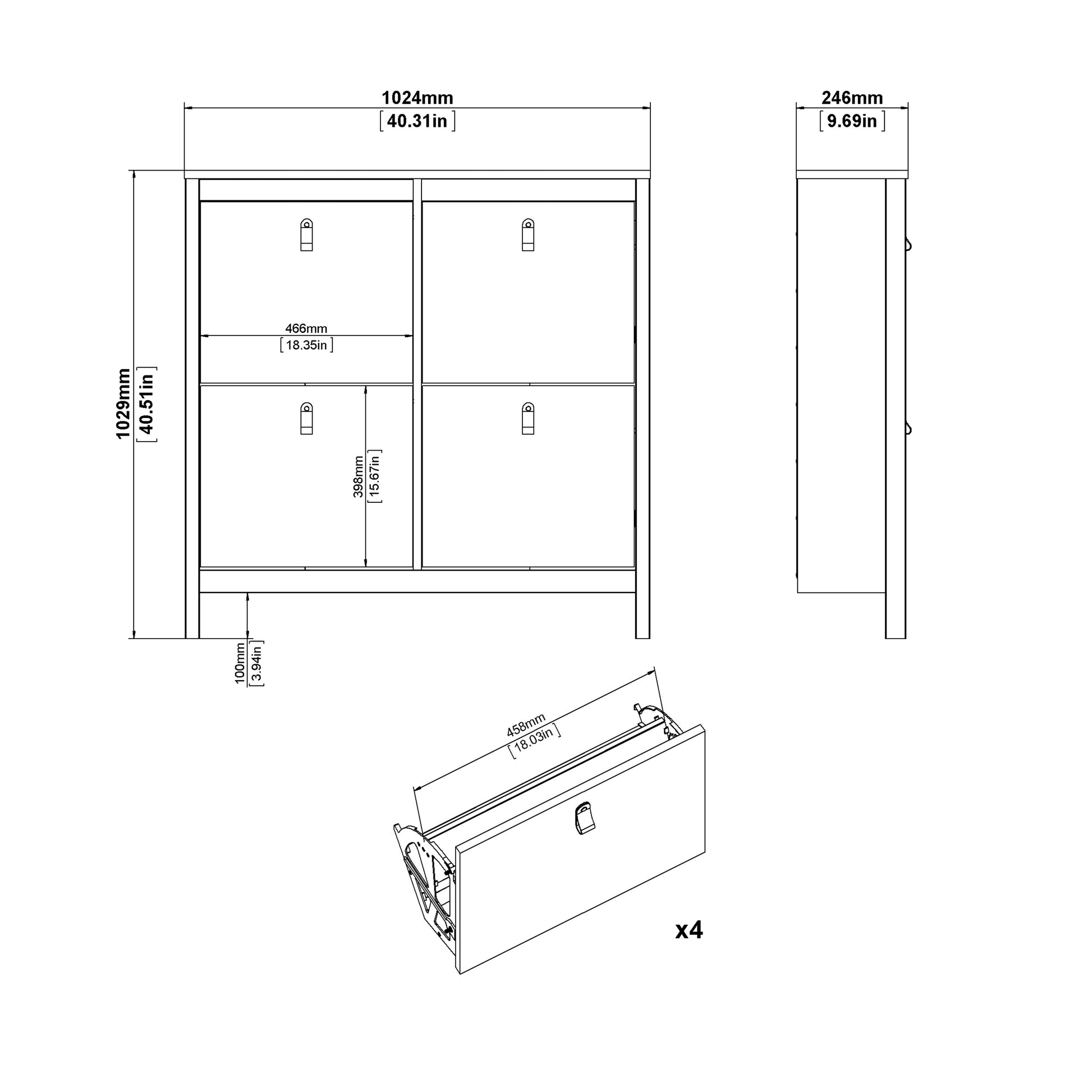 Barcelona Shoe cabinet 4 compartments in Matt Black or White - FURNITURE CURLS