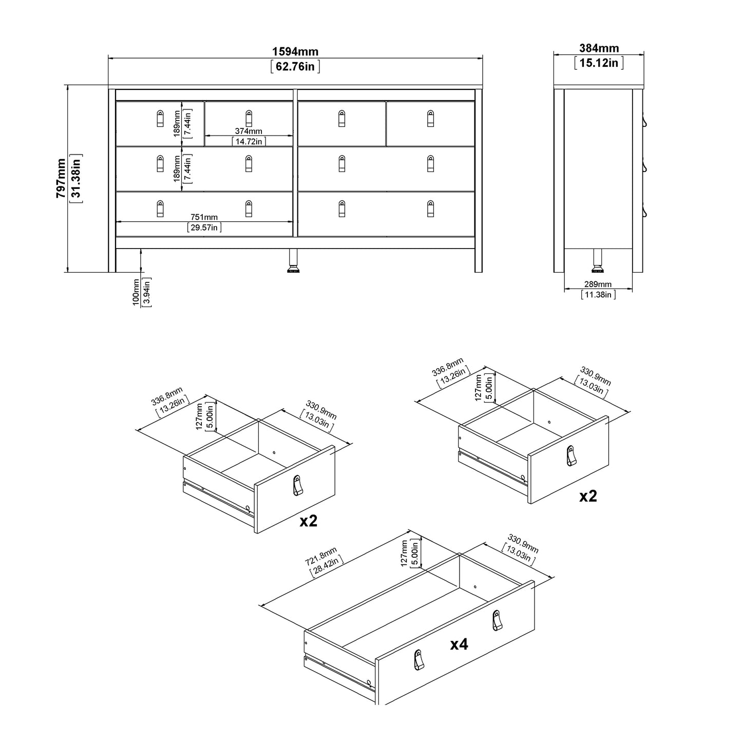 Madrid Double Dresser 4+4 Drawers In Matt Black Or White - FURNITURE CURLS