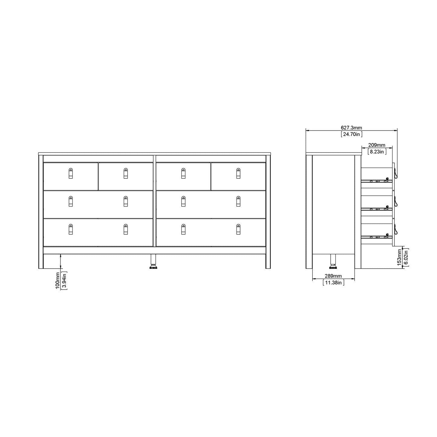 Madrid Double Dresser 4+4 Drawers In Matt Black Or White - FURNITURE CURLS