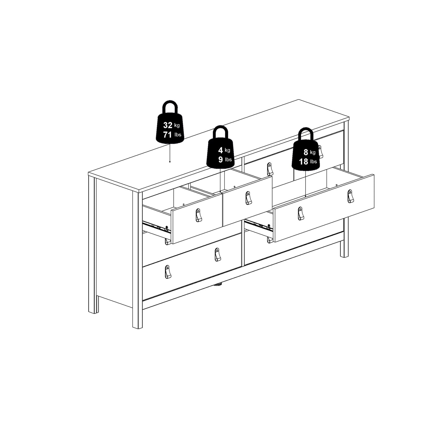 Madrid Double Dresser 4+4 Drawers In Matt Black Or White - FURNITURE CURLS