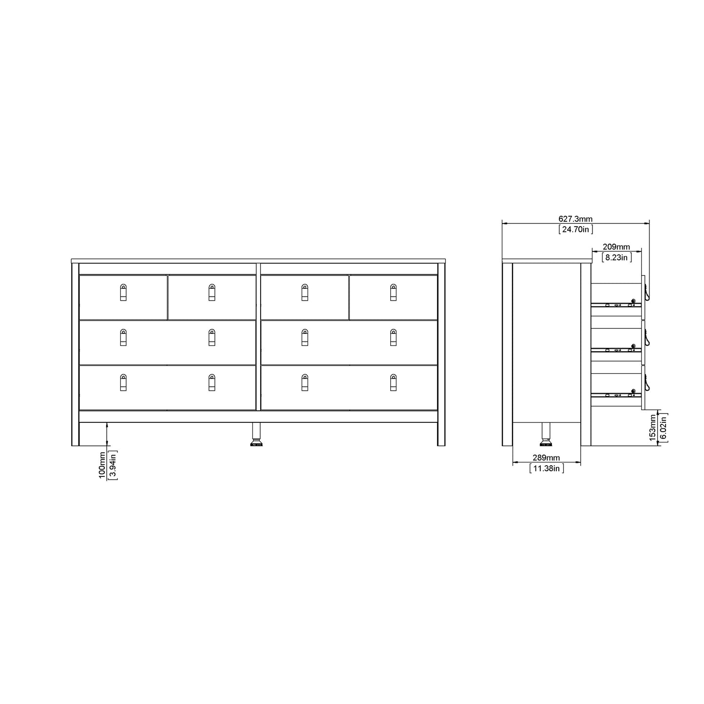 Madrid Double Dresser 4+4 Drawers In Matt Black Or White - FURNITURE CURLS