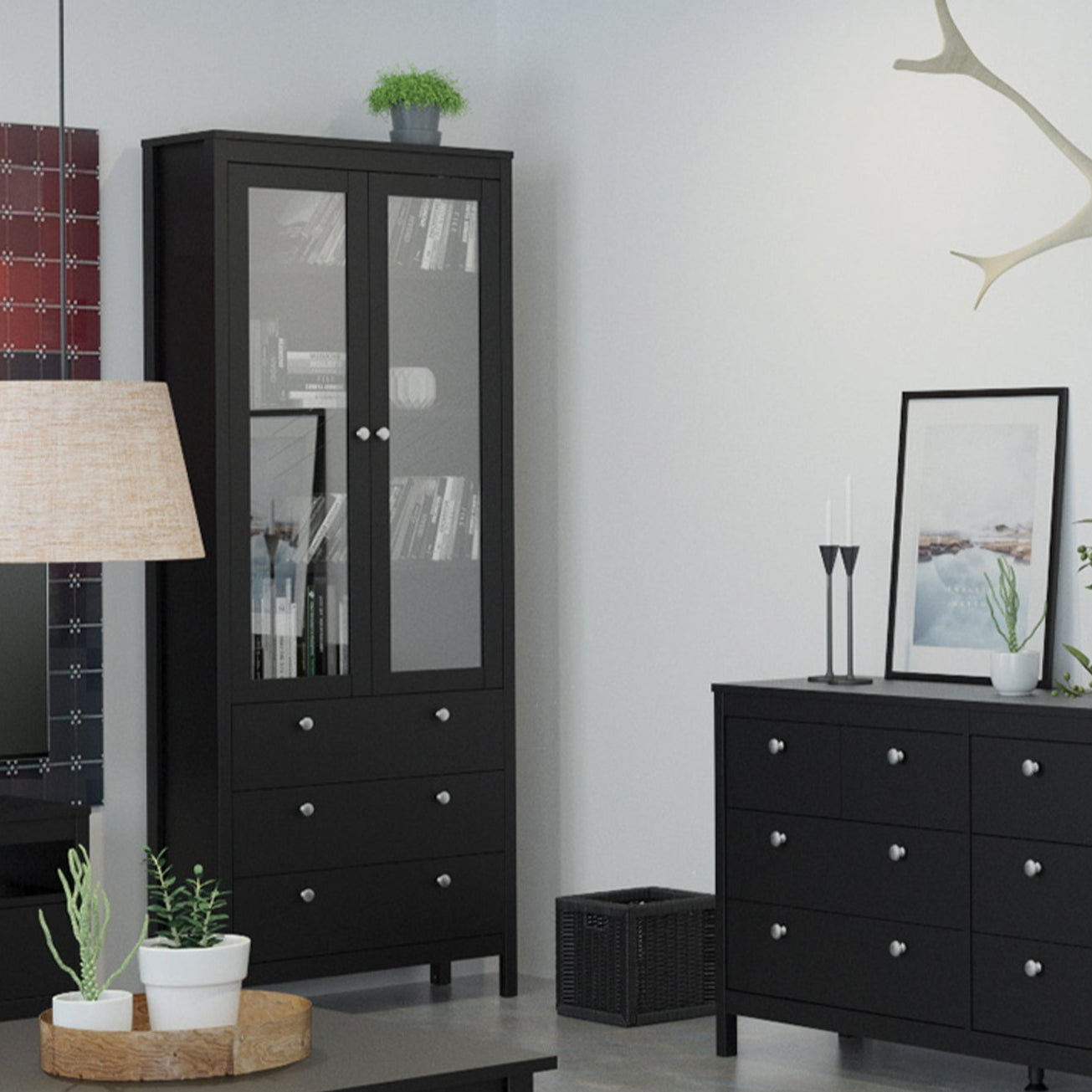 Madrid China Cabinet 2 Doors W/glass + 3 Drawers In Matt Black Or White - FURNITURE CURLS