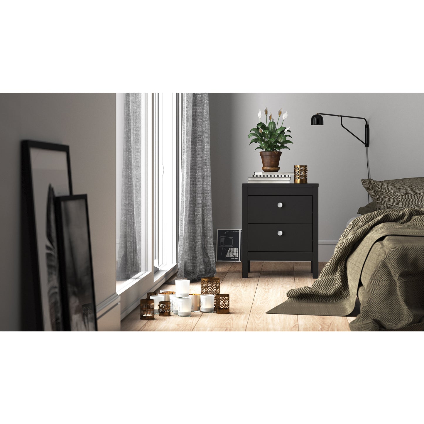 Madrid Bedside Table 2 Drawers In Matt Black Or White - FURNITURE CURLS