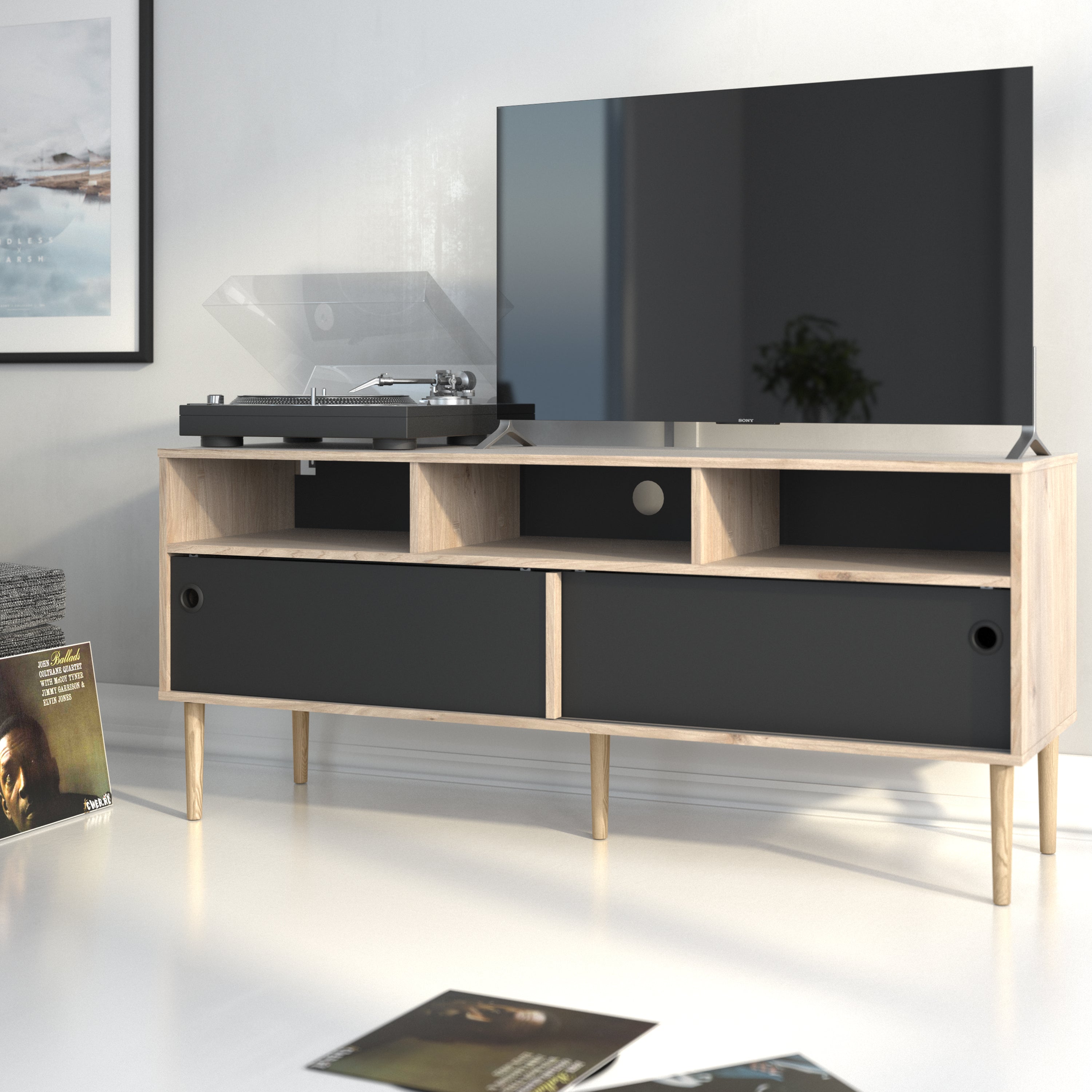 Rome Tv-unit 2 Sliding Doors -Jackson Hickory Oak + Matt Black - FURNITURE CURLS