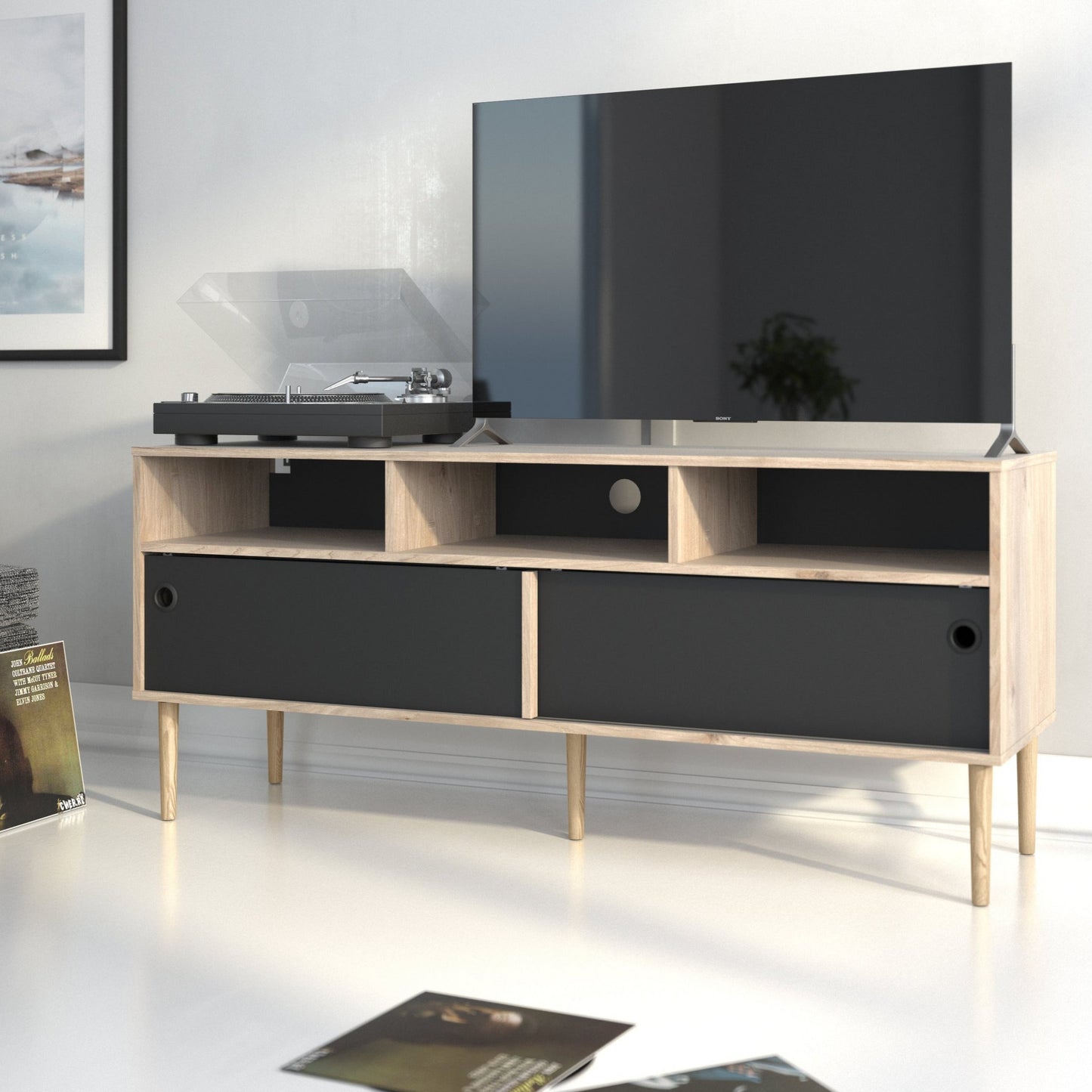 Rome Tv-unit 2 Sliding Doors -Jackson Hickory Oak + Matt Black - FURNITURE CURLS