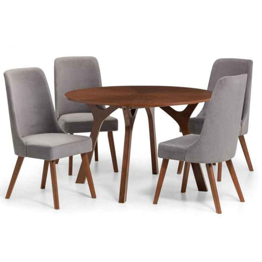 Huxley Round Walnut Veneer Table & Huxley Dusk Grey Chenille Dining Chair