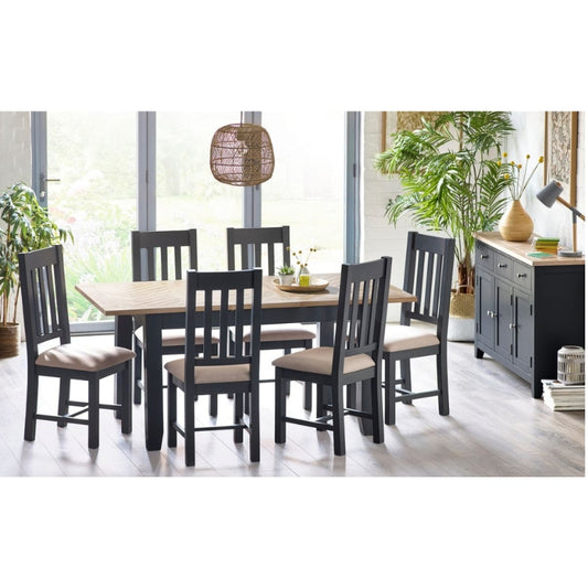 Bordeaux White Oak + Veneer Extend. Dining Table & Chairs Dark Grey Polyester Fabric