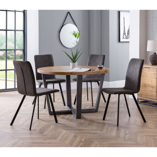 Brooklyn Round Solid Oak Dining Table & Chair Brown Faux Leather Or Monroe Dining Chair Charcoal Grey Fabric Or Soho Dining Chair Black Faux Leather