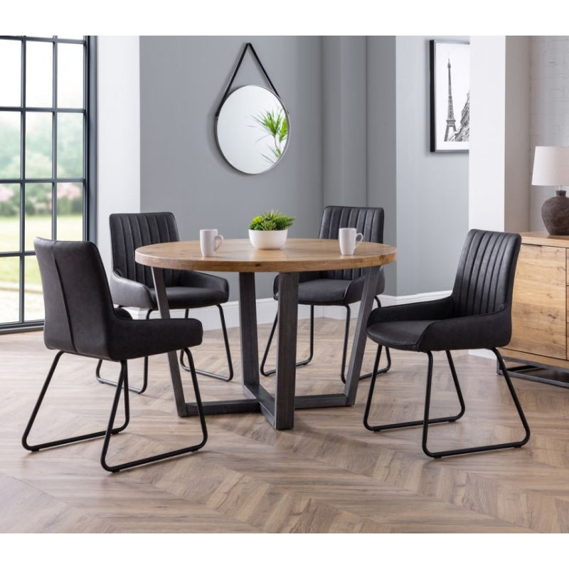 Brooklyn Round Solid Oak Dining Table & Chair Brown Faux Leather Or Monroe Dining Chair Charcoal Grey Fabric Or Soho Dining Chair Black Faux Leather