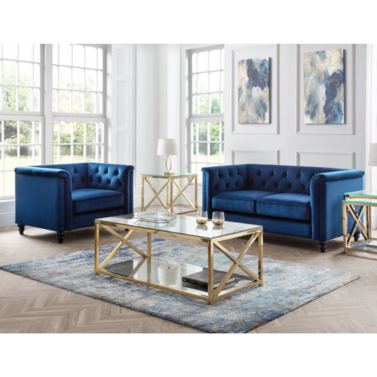 Sandringham 3Seater Or 2Seater Sofa Or Arm Chair Blue Velvet Buttoned Back & Black Contrasting Legs